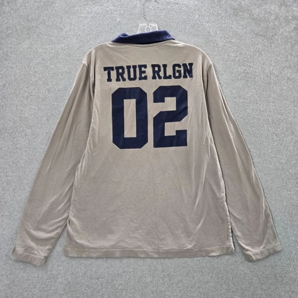True‎ Religion Men Polo Shirt Large Beige Rugby Logo Embroidered Long Sleeve